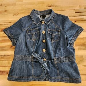Lane Bryant Denim Shirt Size 20 Button Up Tie Waist Short Sleeve